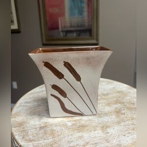 Sheffield Pottery Cream Ceramic Vase with Brown Cattail Motif